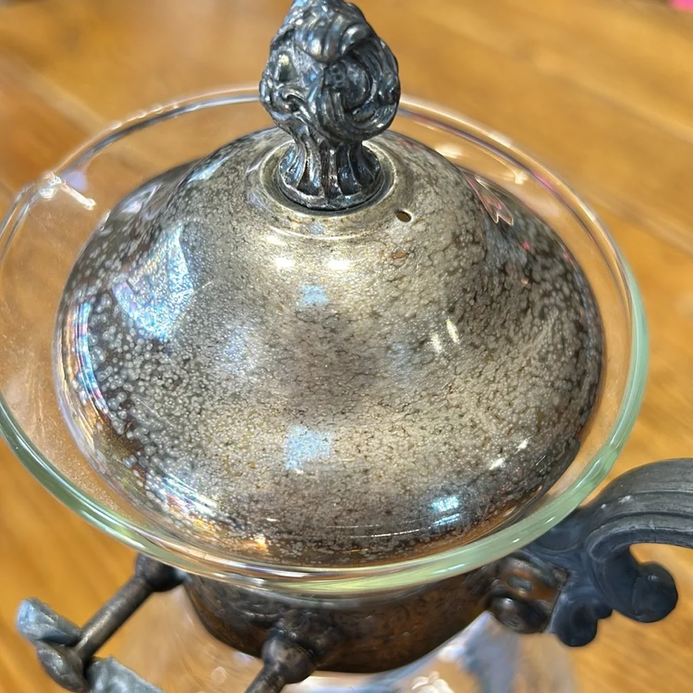 Vintage silver plated tilting coffee stand and carafe. No markings. Glass carafe